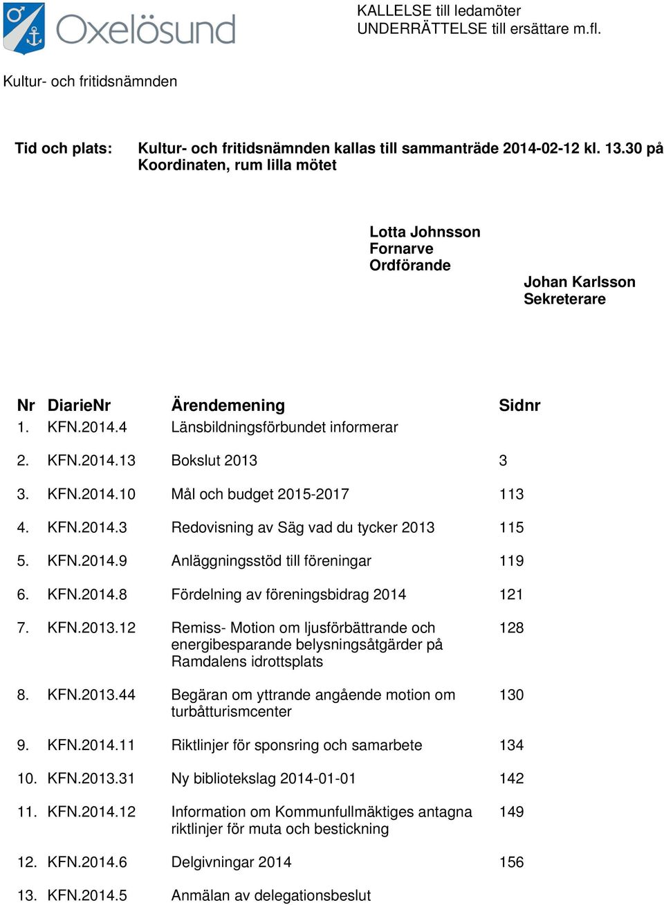 KFN.2014.10 Mål och budget 2015-2017 113 4. KFN.2014.3 Redovisning av Säg vad du tycker 2013 115 5. KFN.2014.9 Anläggningsstöd till föreningar 119 6. KFN.2014.8 Fördelning av föreningsbidrag 2014 121 7.