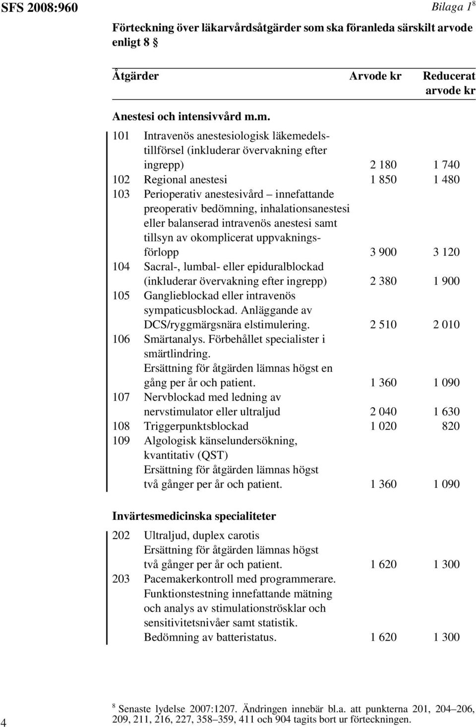 m. 101 Intravenös anestesiologisk läkemedelstillförsel (inkluderar övervakning efter ingrepp) 2 180 1 740 102 Regional anestesi 1 850 1 480 103 Perioperativ anestesivård innefattande preoperativ