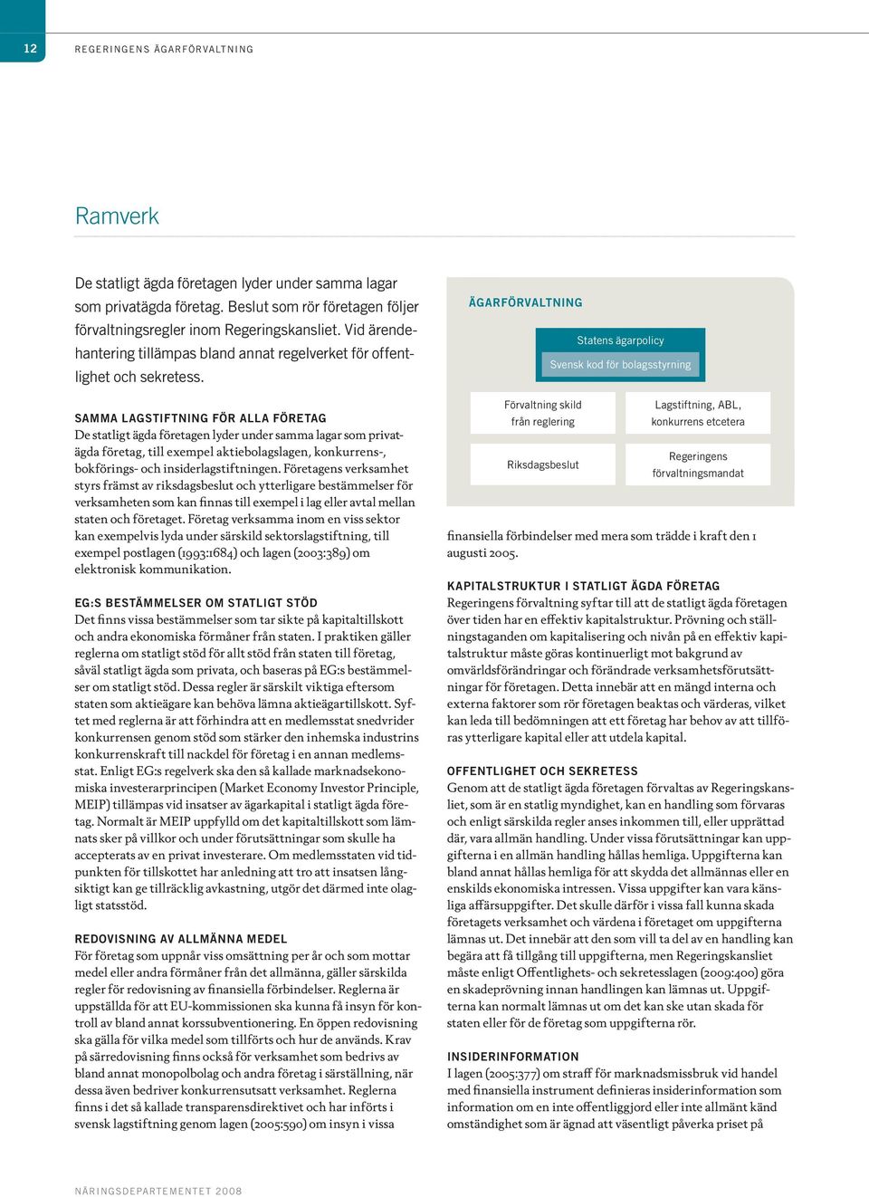 SAMMA LAGSTIFTNING FÖR ALLA FÖRETAG De statligt ägda företagen lyder under samma lagar som privatägda företag, till exempel aktiebolagslagen, konkurrens-, bokförings- och insiderlagstiftningen.