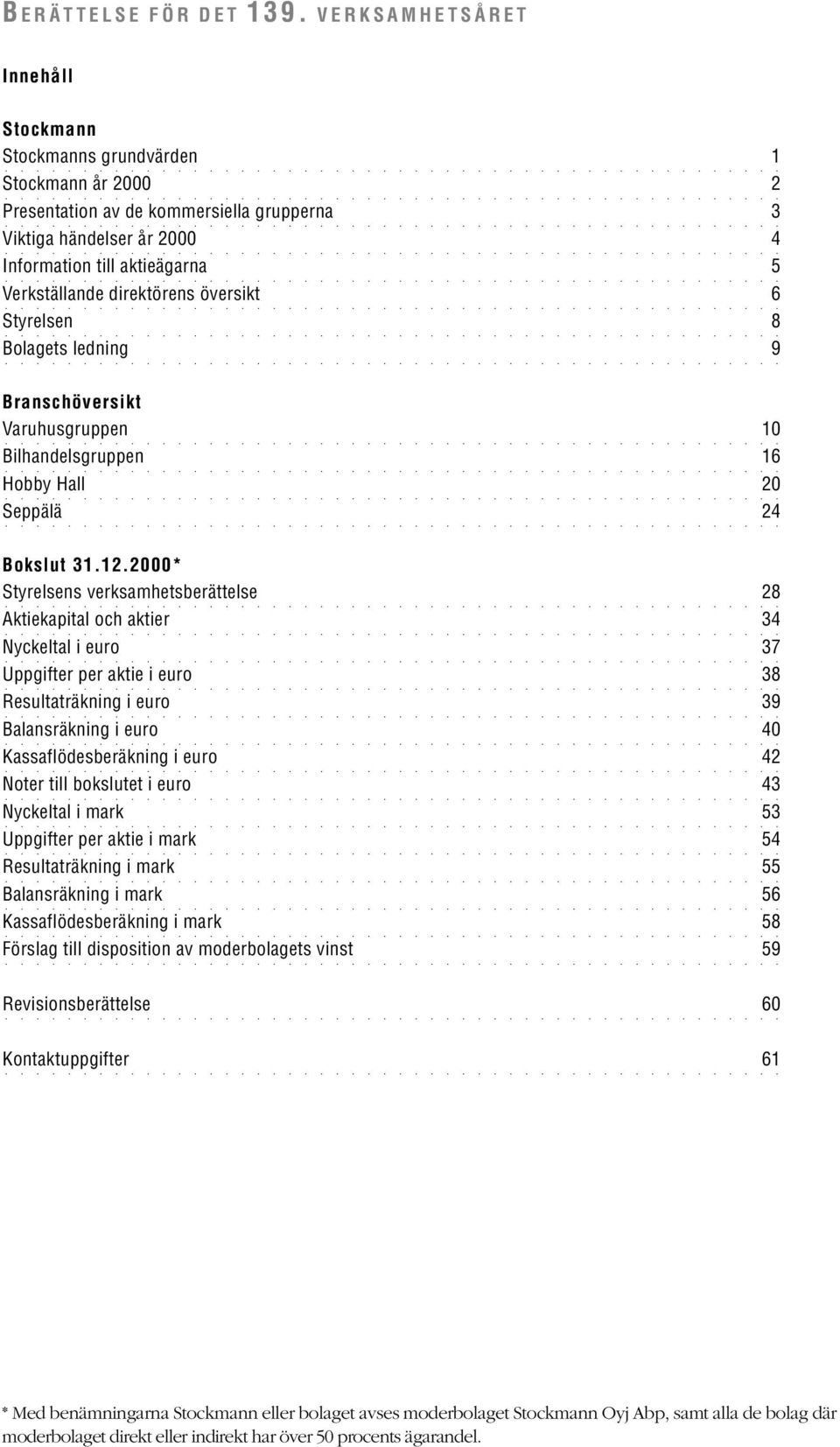 direktörens översikt 6 Styrelsen 8 Bolagets ledning 9 Branschöversikt Varuhusgruppen 1 Bilhandelsgruppen 16 Hobby Hall 2 Seppälä 24 Bokslut 31.12.