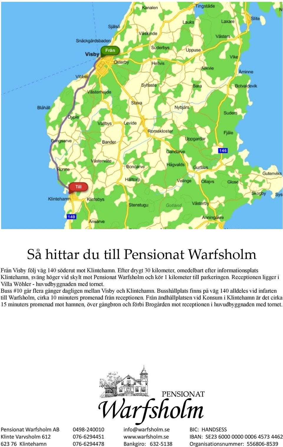 Receptionen ligger i Villa Wöhler - huvudbyggnaden med tornet. Buss #10 går flera gånger dagligen mellan Visby och Klintehamn.