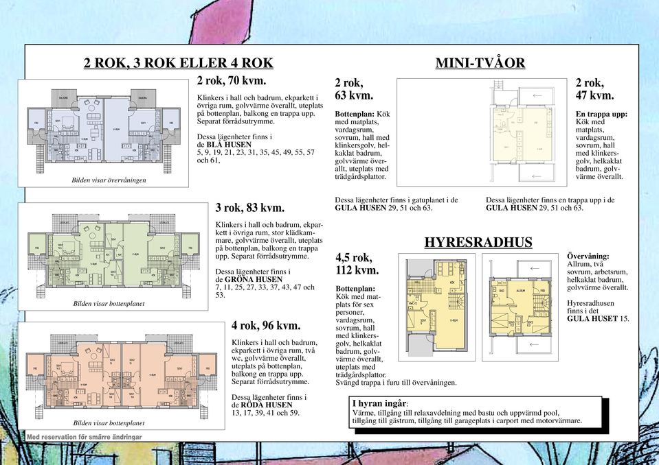 Bottenplan: Kök med matplats, vardagsrum, sovrum, hall med klinkersgolv, helkaklat badrum, golvvärme överallt, uteplats med trädgårdsplattor. MINI-TVÅOR 2 rok, 47 kvm.