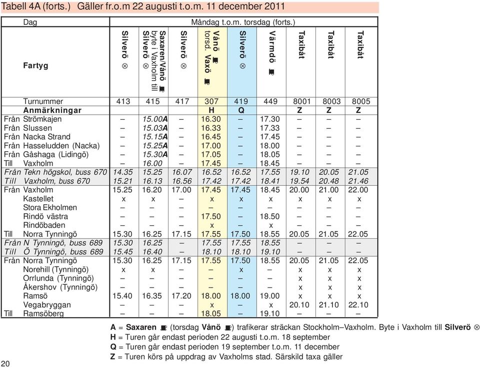 45 Från Hasseludden (Nacka) 15.25A 17.00 18.00 Från Gåshaga (Lidingö) 15.30A 17.05 18.05 Till Vaxholm 16.00 17.45 18.45 Från Tekn högskol, buss 670 14.35 15.25 16.07 16.52 16.52 17.55 19.10 20.05 21.