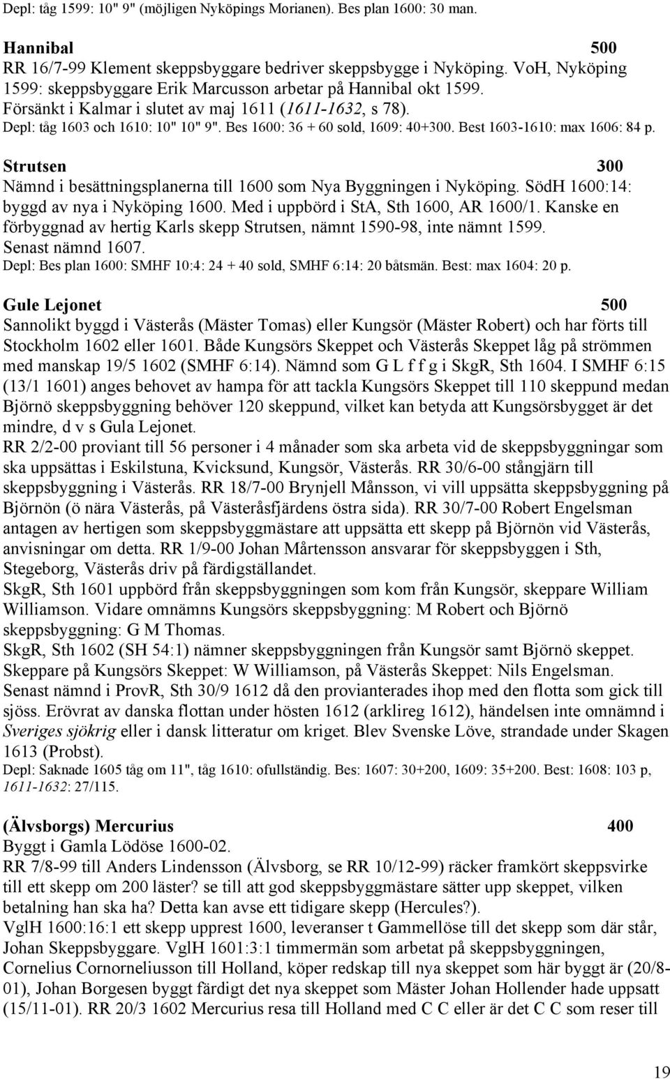 Bes 1600: 36 + 60 sold, 1609: 40+300. Best 1603-1610: max 1606: 84 p. Strutsen 300 Nämnd i besättningsplanerna till 1600 som Nya Byggningen i Nyköping. SödH 1600:14: byggd av nya i Nyköping 1600.