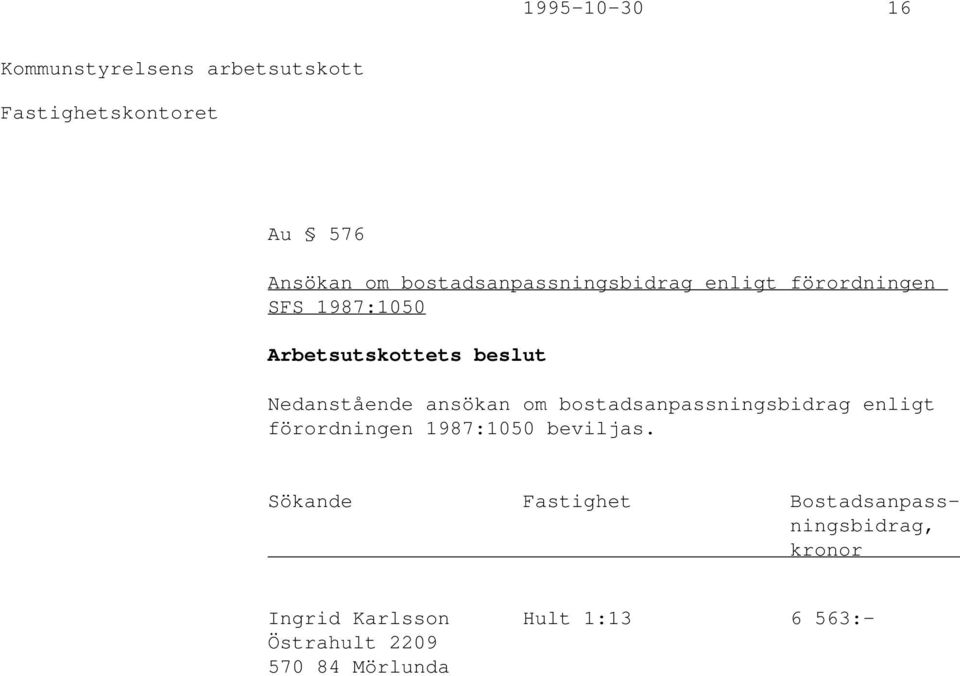 bostadsanpassningsbidrag enligt förordningen 1987:1050 beviljas.