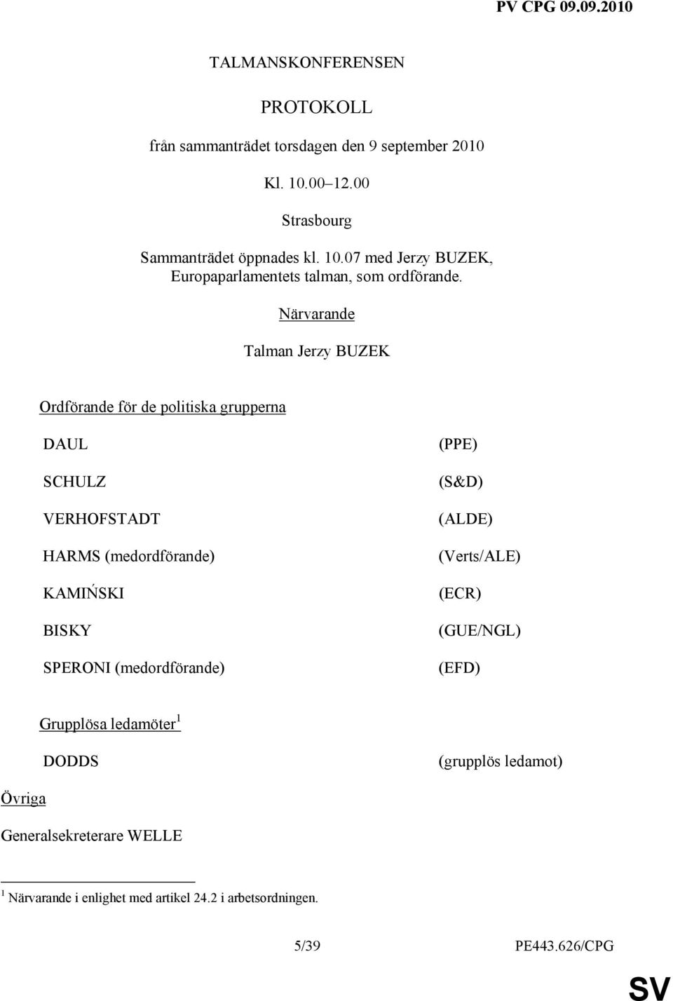 Närvarande Talman Jerzy BUZEK Ordförande för de politiska grupperna DAUL SCHULZ VERHOFSTADT HARMS (medordförande) KAMIŃSKI BISKY SPERONI