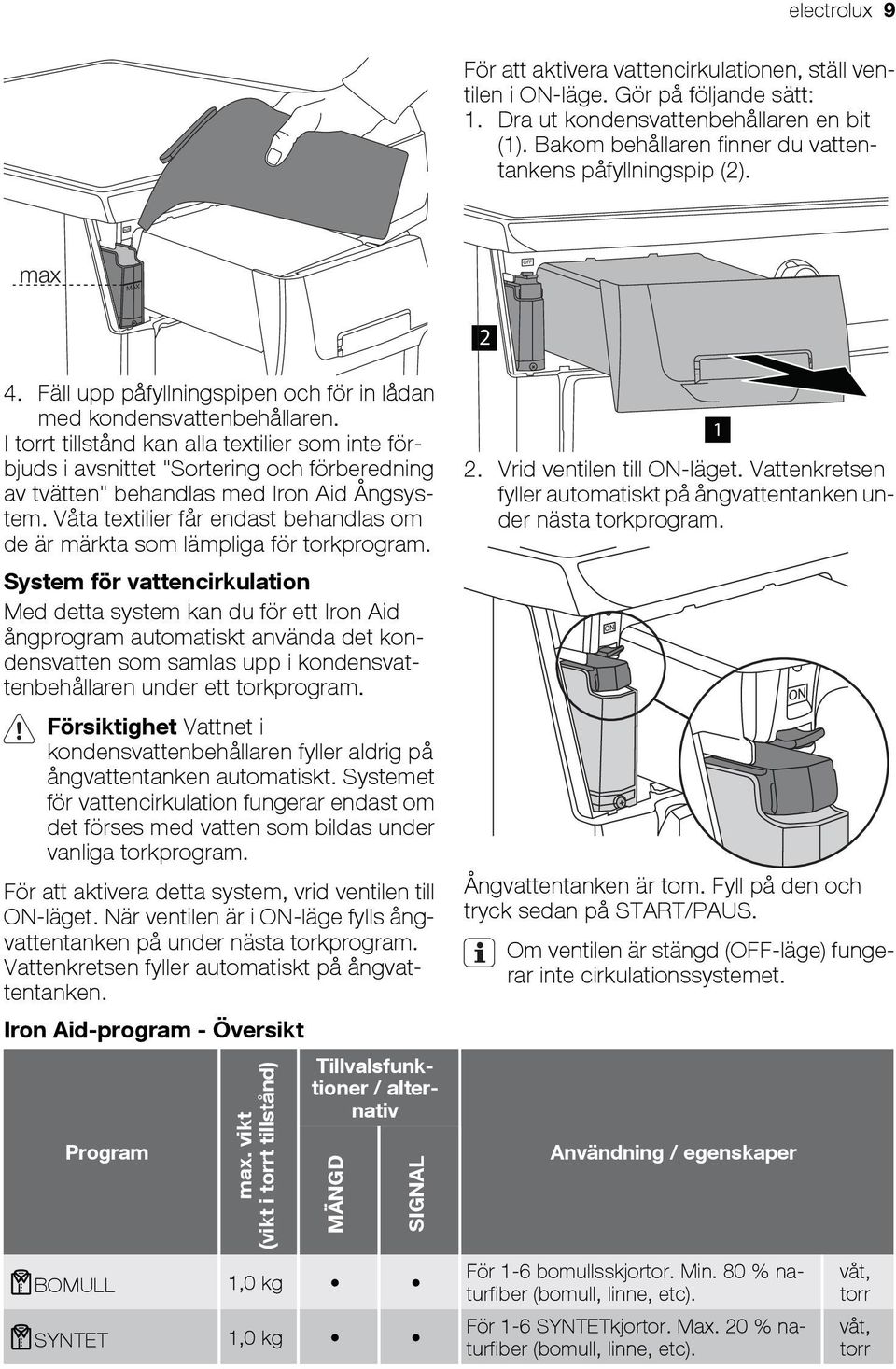 I torrt tillstånd kan alla textilier som inte förbjuds i avsnittet "Sortering och förberedning av tvätten" behandlas med Iron Aid Ångsystem.