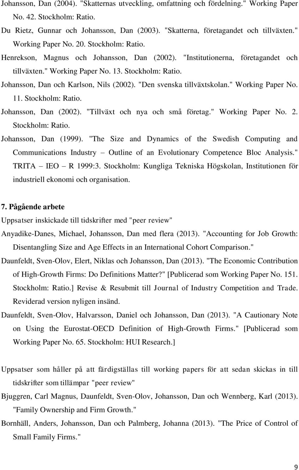 "Den svenska tillväxtskolan." Working Paper No. 11. Stockholm: Ratio. Johansson, Dan (2002). "Tillväxt och nya och små företag." Working Paper No. 2. Stockholm: Ratio. Johansson, Dan (1999).