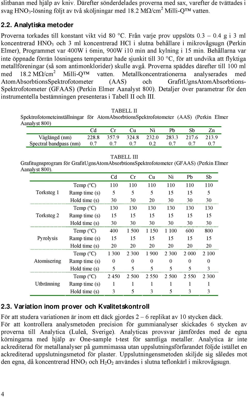 4 g i 3 ml koncentrerad HNO 3 och 3 ml koncentrerad HCl i slutna behållare i mikrovågsugn (Perkin Elmer), Programmet var 400W i 6min, 900W i10 min and kylning i 15 min.