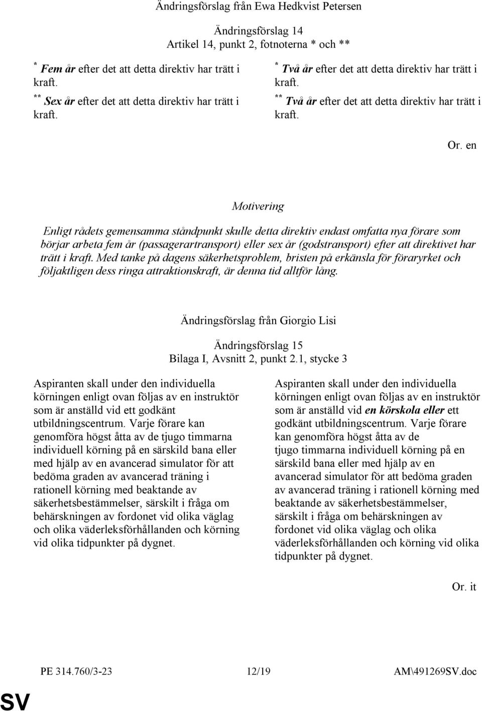 Enligt rådets gemensamma ståndpunkt skulle detta direktiv endast omfatta nya förare som börjar arbeta fem år (passagerartransport) eller sex år (godstransport) efter att direktivet har trätt i kraft.