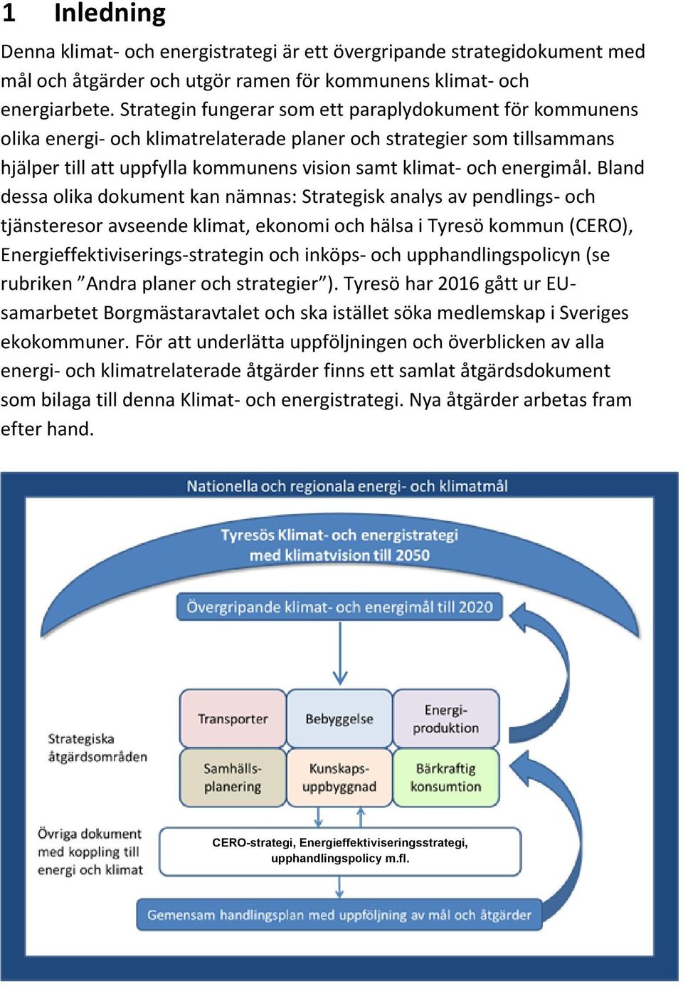 Bland dessa olika dokument kan nämnas: Strategisk analys av pendlings- och tjänsteresor avseende klimat, ekonomi och hälsa i Tyresö kommun (CERO), Energieffektiviserings-strategin och inköps- och