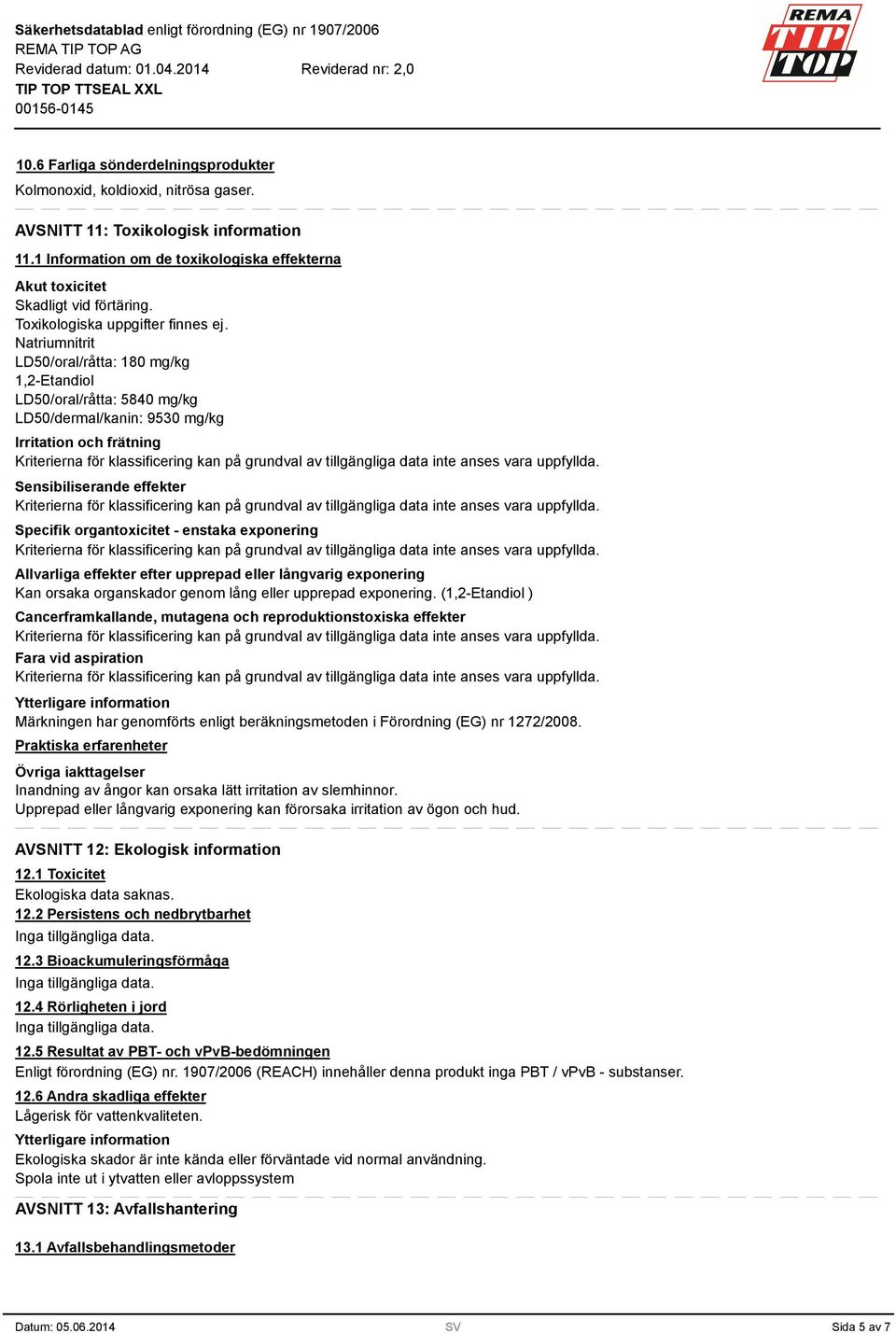 Natriumnitrit LD50/oral/råtta: 180 mg/kg 1,2-Etandiol LD50/oral/råtta: 5840 mg/kg LD50/dermal/kanin: 9530 mg/kg Irritation och frätning Sensibiliserande effekter Specifik organtoxicitet - enstaka