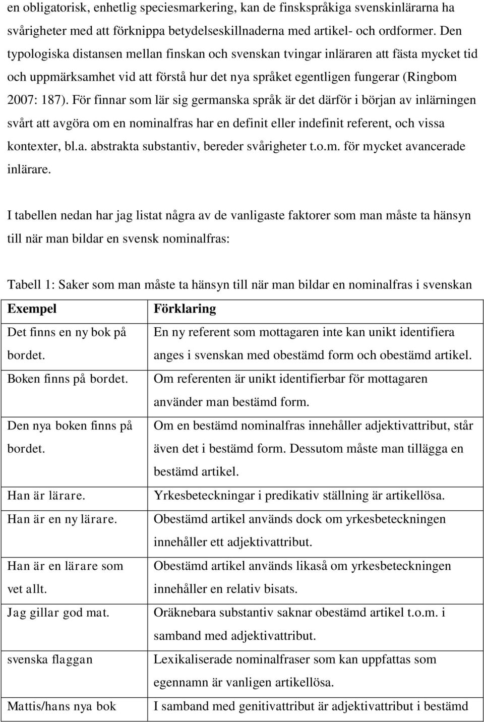 För finnar som lär sig germanska språk är det därför i början av inlärningen svårt att avgöra om en nominalfras har en definit eller indefinit referent, och vissa kontexter, bl.a. abstrakta substantiv, bereder svårigheter t.