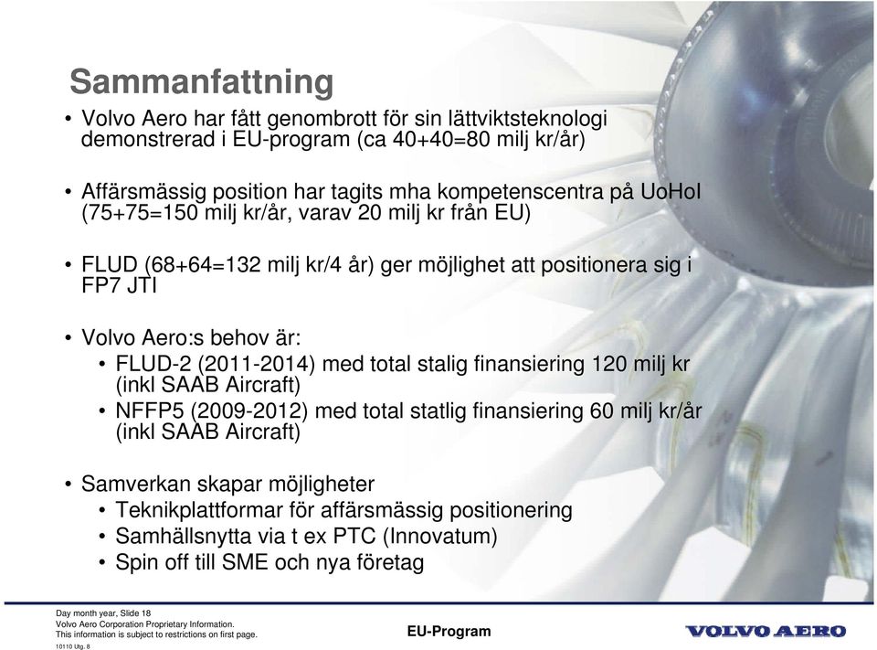 är: FLUD-2 (2011-2014) med total stalig finansiering 120 milj kr (inkl SAAB Aircraft) NFFP5 (2009-2012) med total statlig finansiering 60 milj kr/år (inkl SAAB