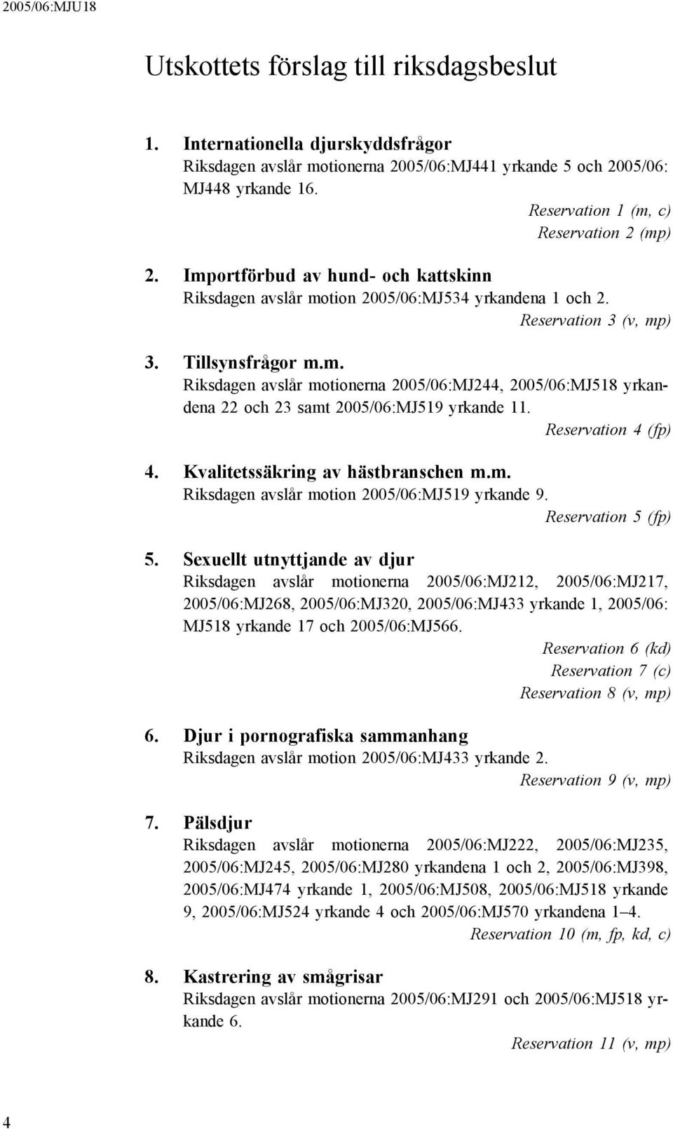 Reservation 4 (fp) 4. Kvalitetssäkring av hästbranschen m.m. Riksdagen avslår motion 2005/06:MJ519 yrkande 9. Reservation 5 (fp) 5.