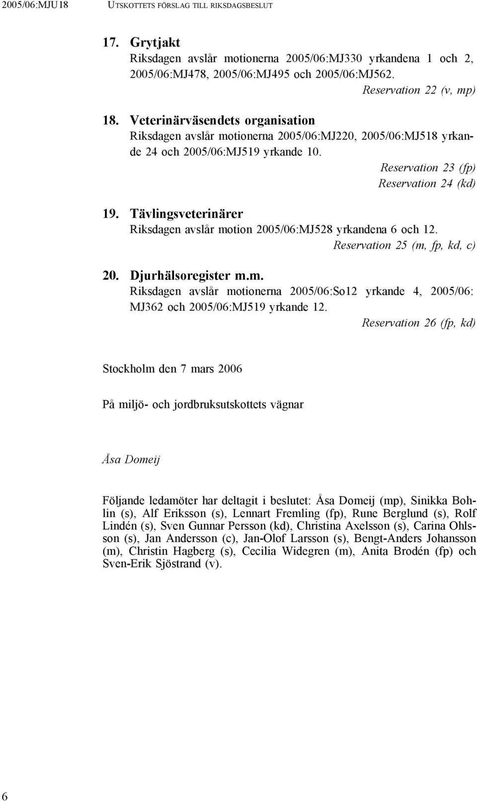 Tävlingsveterinärer Riksdagen avslår motion 2005/06:MJ528 yrkandena 6 och 12. Reservation 25 (m, fp, kd, c) 20. Djurhälsoregister m.m. Riksdagen avslår motionerna 2005/06:So12 yrkande 4, 2005/06: MJ362 och 2005/06:MJ519 yrkande 12.