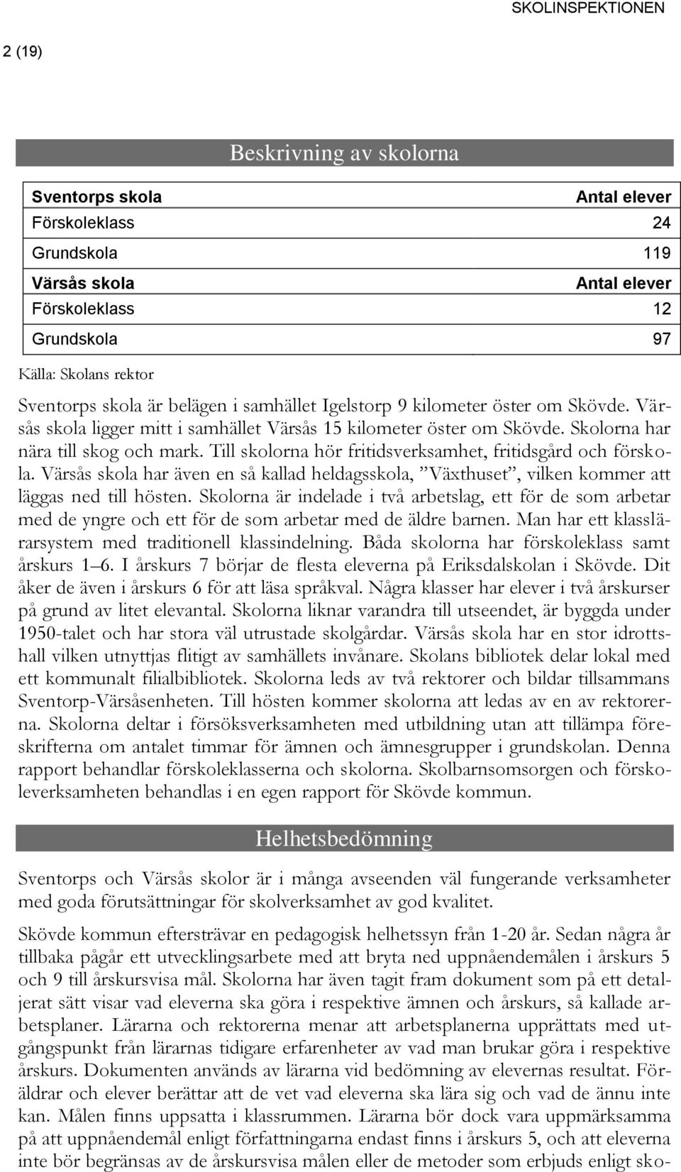 Till skolorna hör fritidsverksamhet, fritidsgård och förskola. Värsås skola har även en så kallad heldagsskola, Växthuset, vilken kommer att läggas ned till hösten.