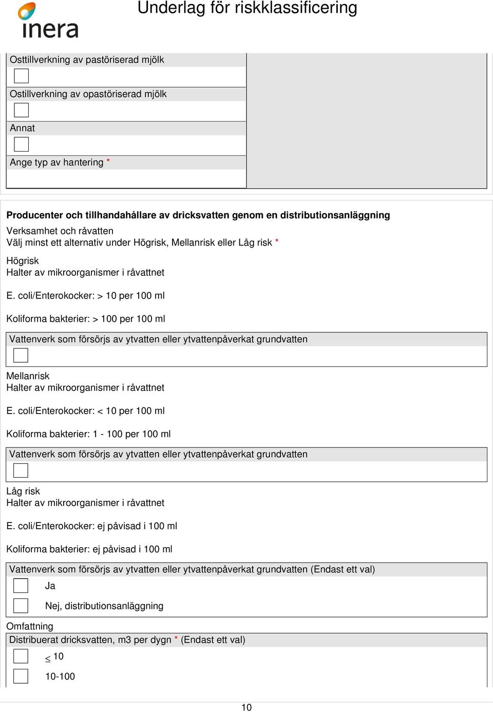 coli/enterokocker: > 10 per 100 ml Koliforma bakterier: > 100 per 100 ml Vattenverk som försörjs av ytvatten eller ytvattenpåverkat grundvatten Mellanrisk Halter av mikroorganismer i råvattnet E.