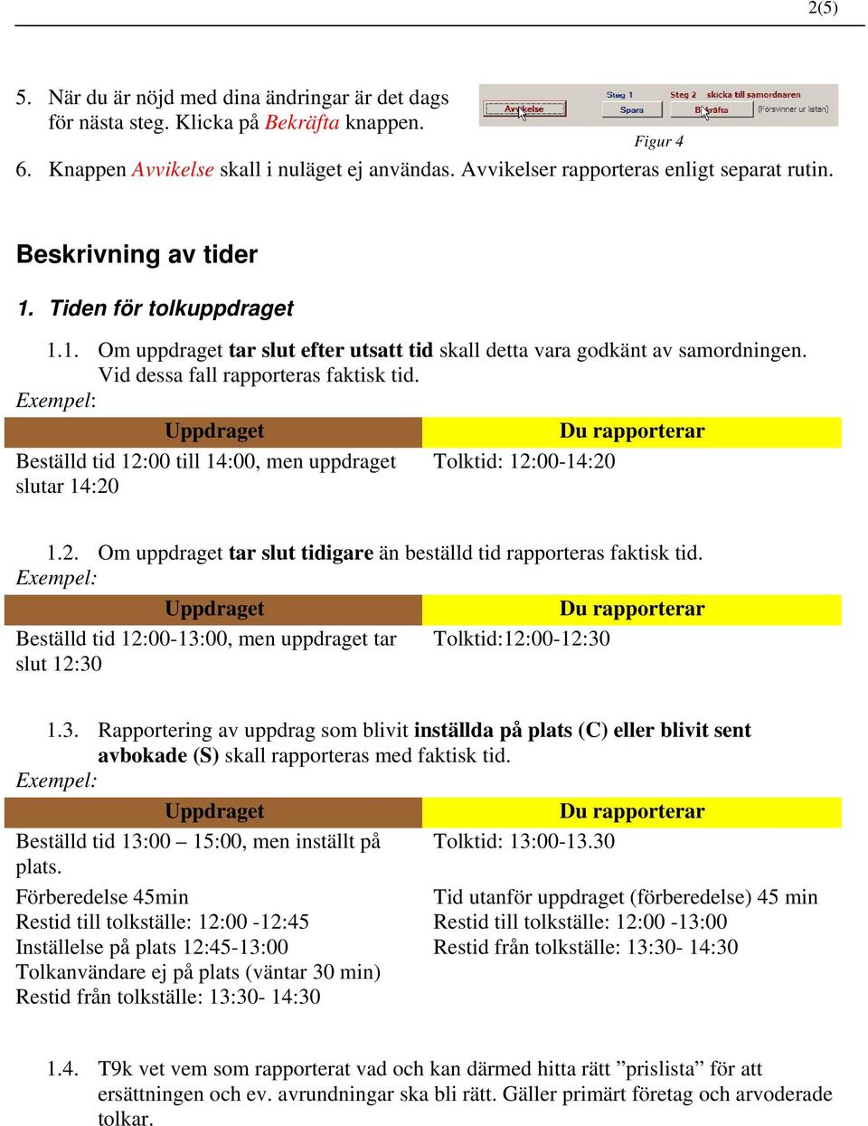 Beställd tid 12:00 till 14:00, men uppdraget Tolktid: 12:00-14:20 slutar 14:20 1.2. Om uppdraget tar slut tidigare än beställd tid rapporteras faktisk tid.