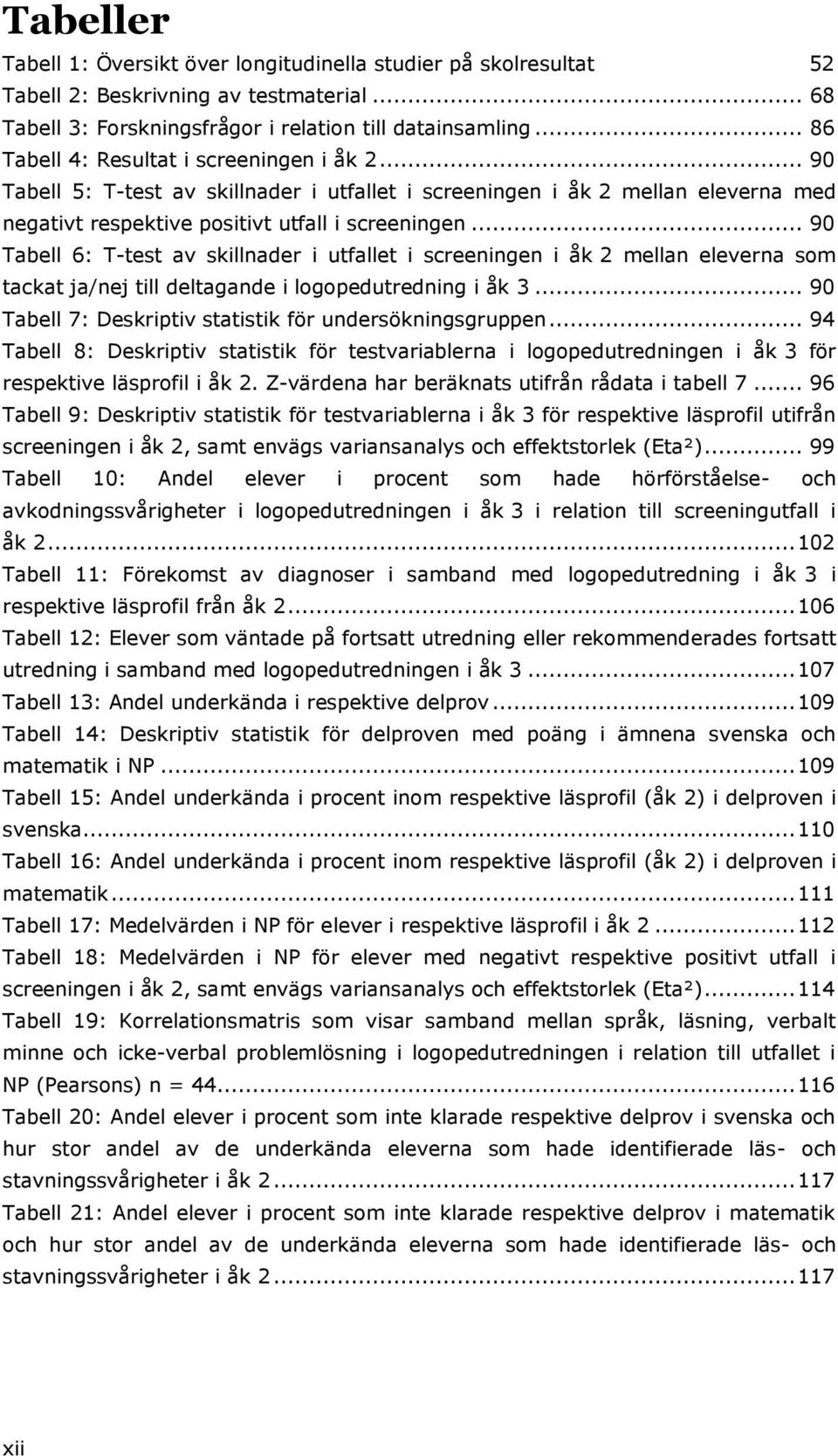 .. 90 Tabell 6: T-test av skillnader i utfallet i screeningen i åk 2 mellan eleverna som tackat ja/nej till deltagande i logopedutredning i åk 3.