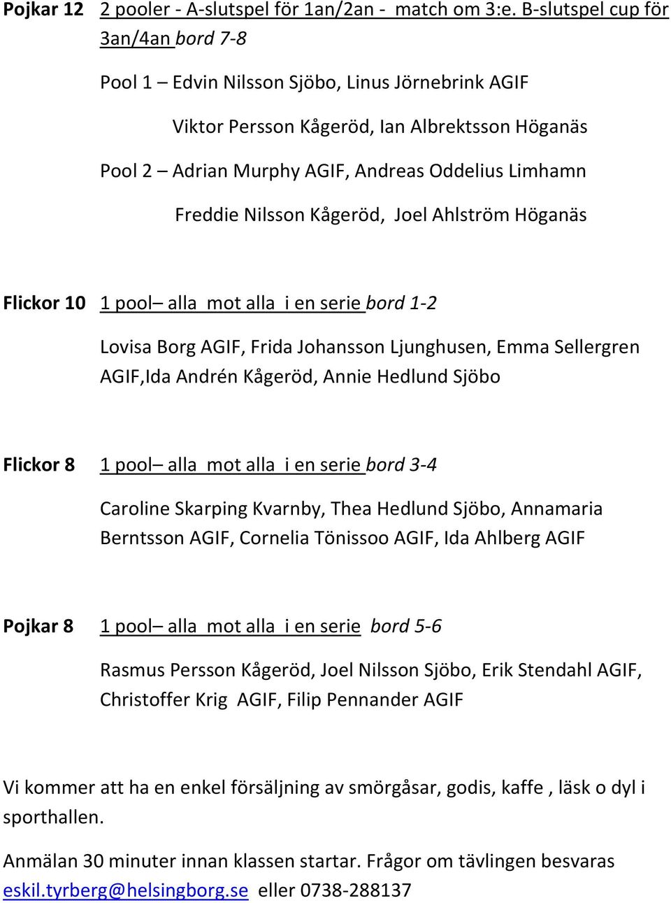 Nilsson Kågeröd, Joel Ahlström Höganäs Flickor 10 1 pool alla mot alla i en serie bord 1-2 Lovisa Borg AGIF, Frida Johansson Ljunghusen, Emma Sellergren AGIF,Ida Andrén Kågeröd, Annie Hedlund Sjöbo