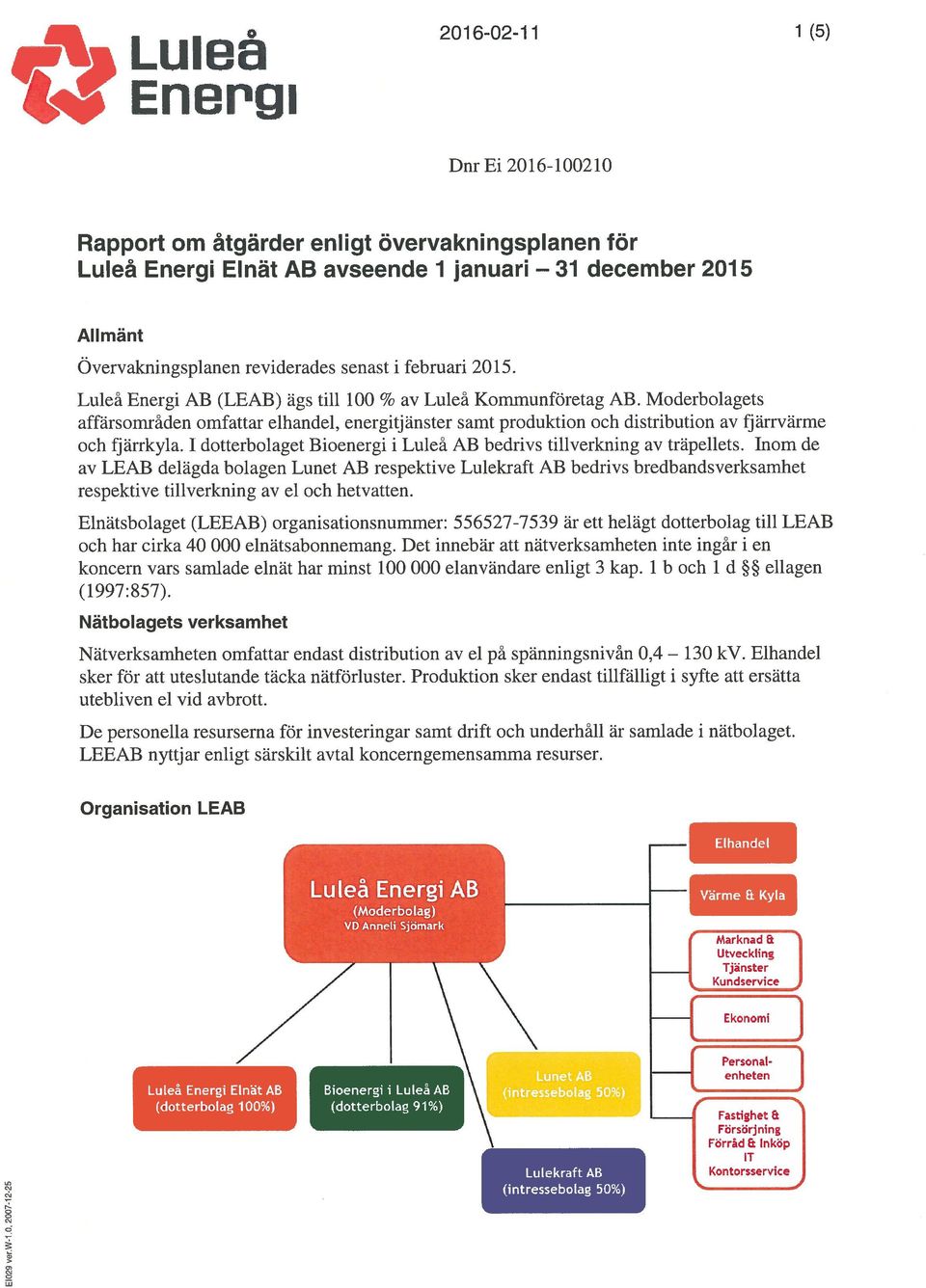 Moderbolagets affärsområden omfattar elhandel, energitjänster samt produktion och distribution av fjärrvärme och fjärrkyla. 1 dotterbolaget Bioenergi i Luleå AB bedrivs tillverkning av träpellets.