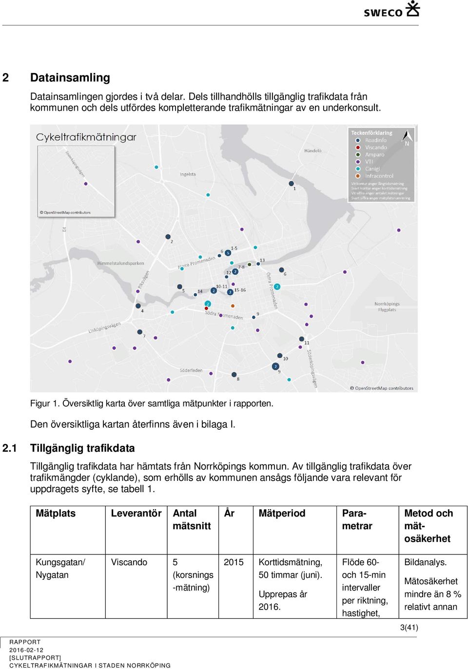 Av tillgänglig trafikdata över trafikmängder (cyklande), som erhölls av kommunen ansågs följande vara relevant för uppdragets syfte, se tabell 1.