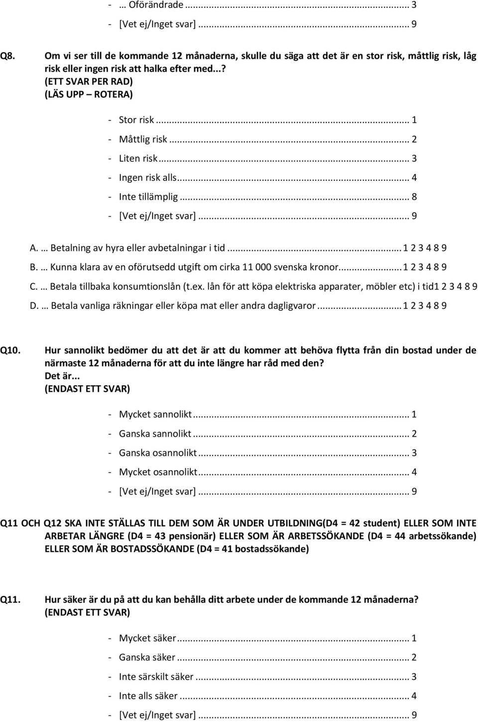 Kunna klara av en oförutsedd utgift om cirka 11 000 svenska kronor... 1 2 3 4 8 9 C. Betala tillbaka konsumtionslån (t.ex. lån för att köpa elektriska apparater, möbler etc) i tid1 2 3 4 8 9 D.