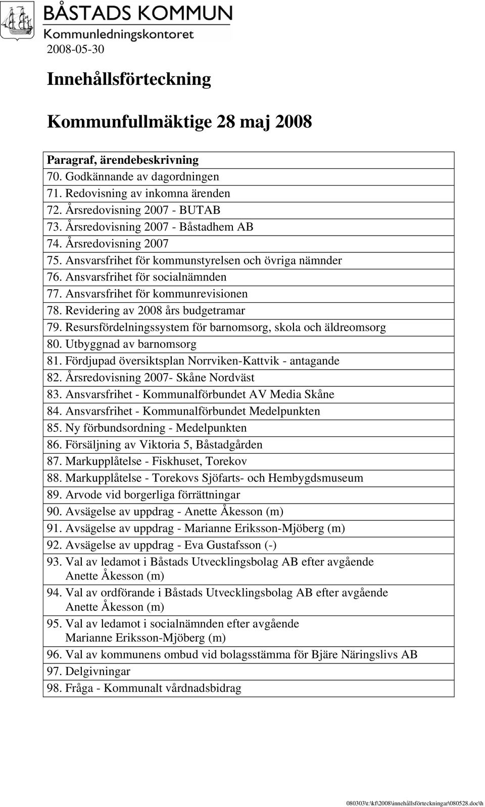 Revidering av 2008 års budgetramar 79. Resursfördelningssystem för barnomsorg, skola och äldreomsorg 80. Utbyggnad av barnomsorg 81. Fördjupad översiktsplan Norrviken-Kattvik - antagande 82.