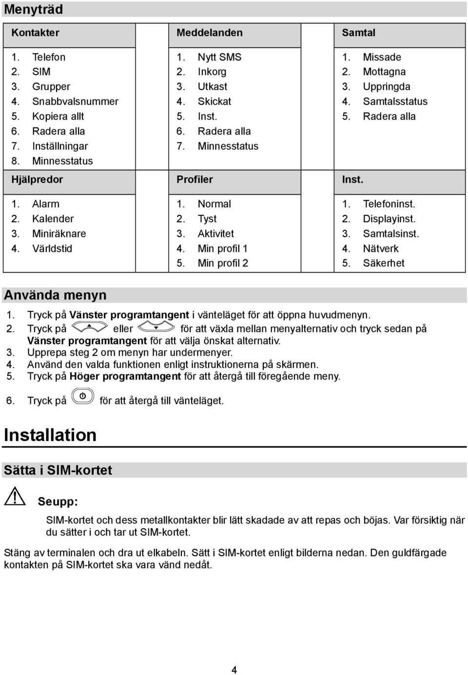 Aktivitet 4. Min profil 1 5. Min profil 2 1. Telefoninst. 2. Displayinst. 3. Samtalsinst. 4. Nätverk 5. Säkerhet Använda menyn 1. Tryck på Vänster programtangent i vänteläget för att öppna huvudmenyn.