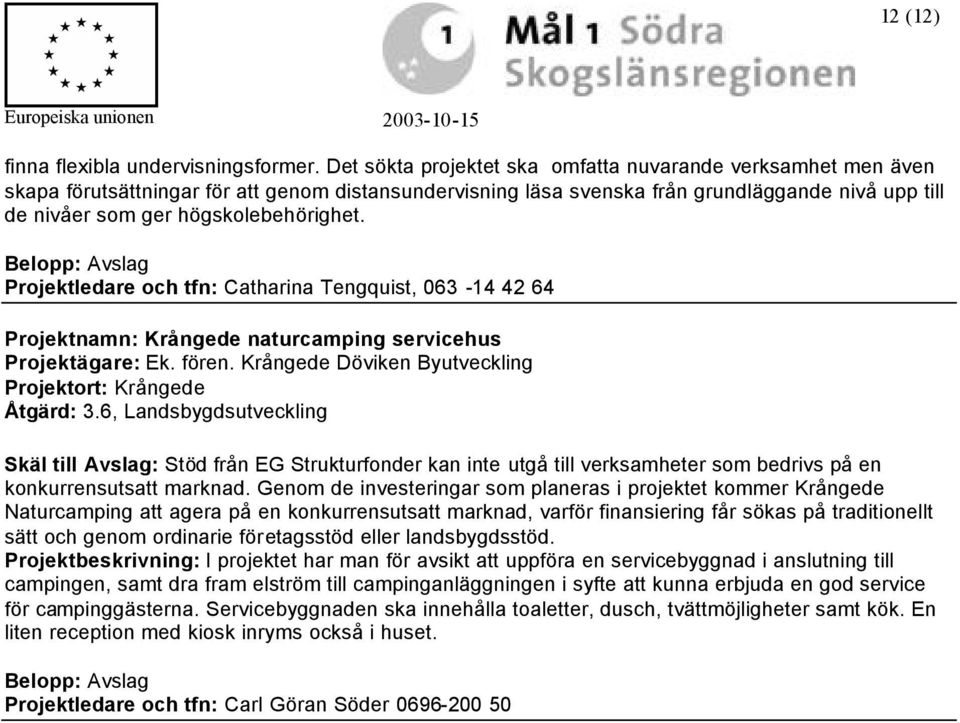 högskolebehörighet. Belopp: Avslag Projektledare och tfn: Catharina Tengquist, 063-14 42 64 Projektnamn: Krångede naturcamping servicehus Projektägare: Ek. fören.