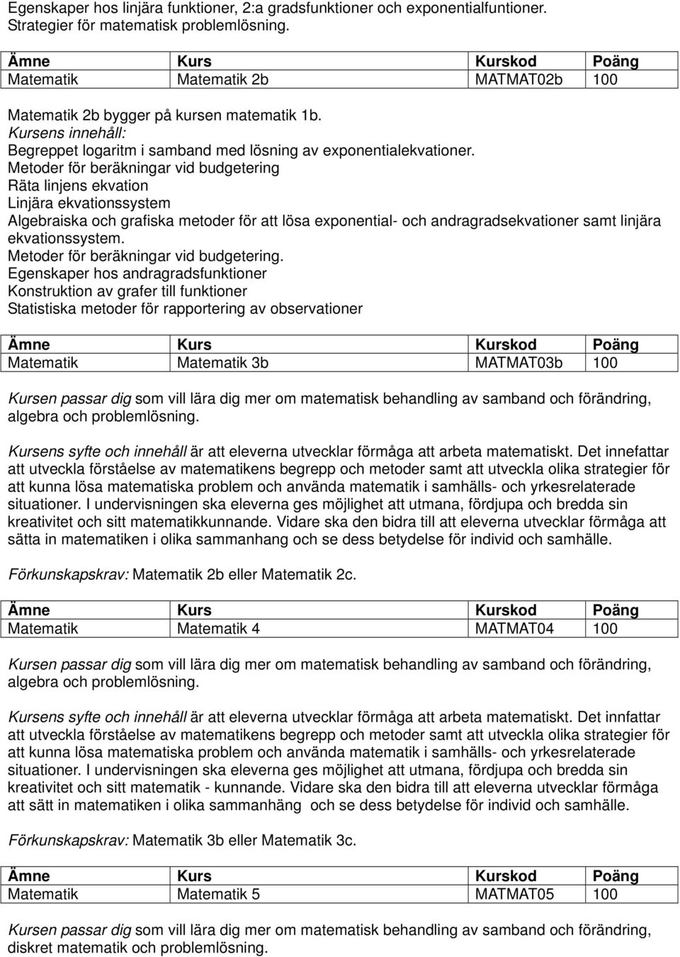 Metoder för beräkningar vid budgetering Räta linjens ekvation Linjära ekvationssystem Algebraiska och grafiska metoder för att lösa exponential- och andragradsekvationer samt linjära ekvationssystem.