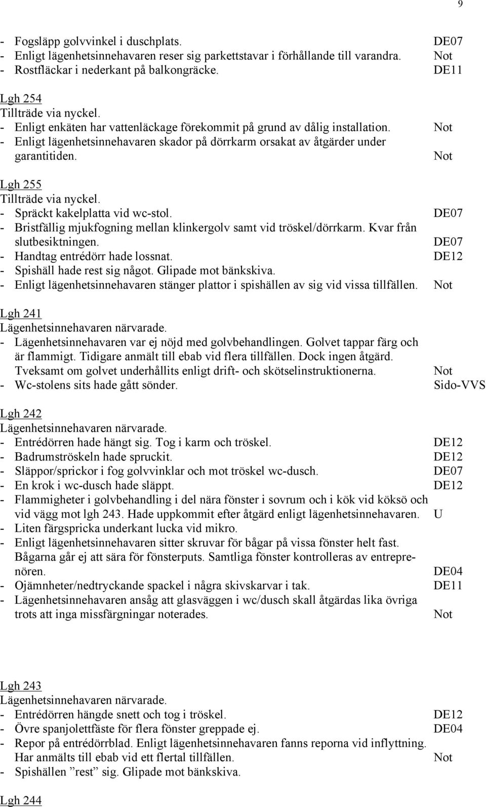 - Enligt lägenhetsinnehavaren skador på dörrkarm orsakat av åtgärder under garantitiden. Lgh 255 Tillträde via nyckel. - Spräckt kakelplatta vid wc-stol.