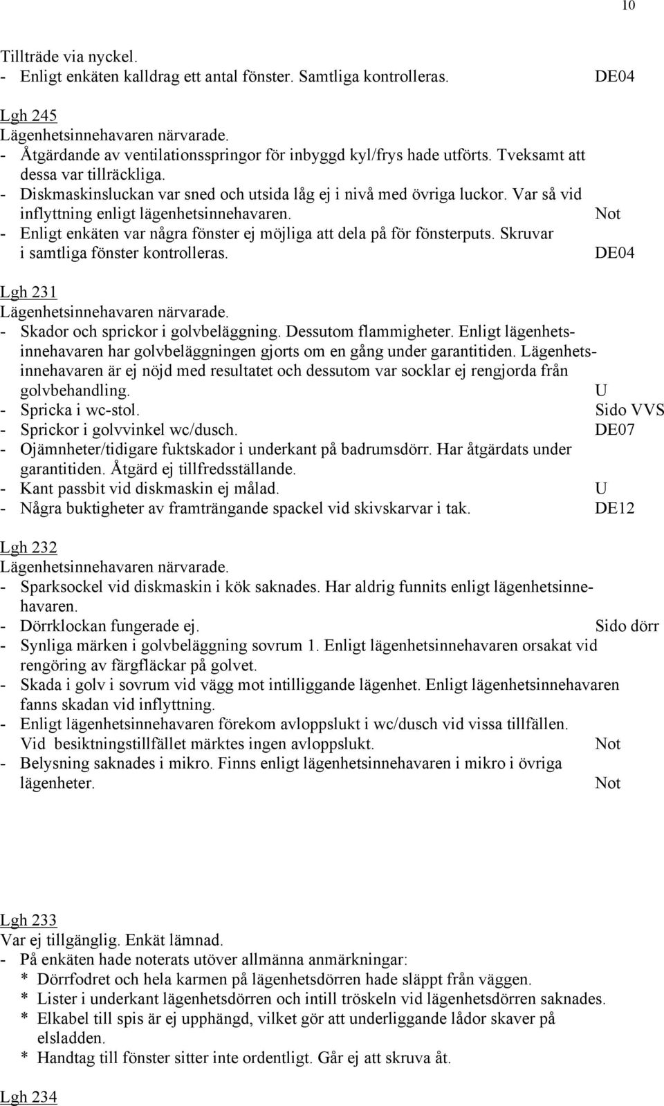 - Enligt enkäten var några fönster ej möjliga att dela på för fönsterputs. Skruvar i samtliga fönster kontrolleras. DE04 Lgh 231 - Skador och sprickor i golvbeläggning. Dessutom flammigheter.