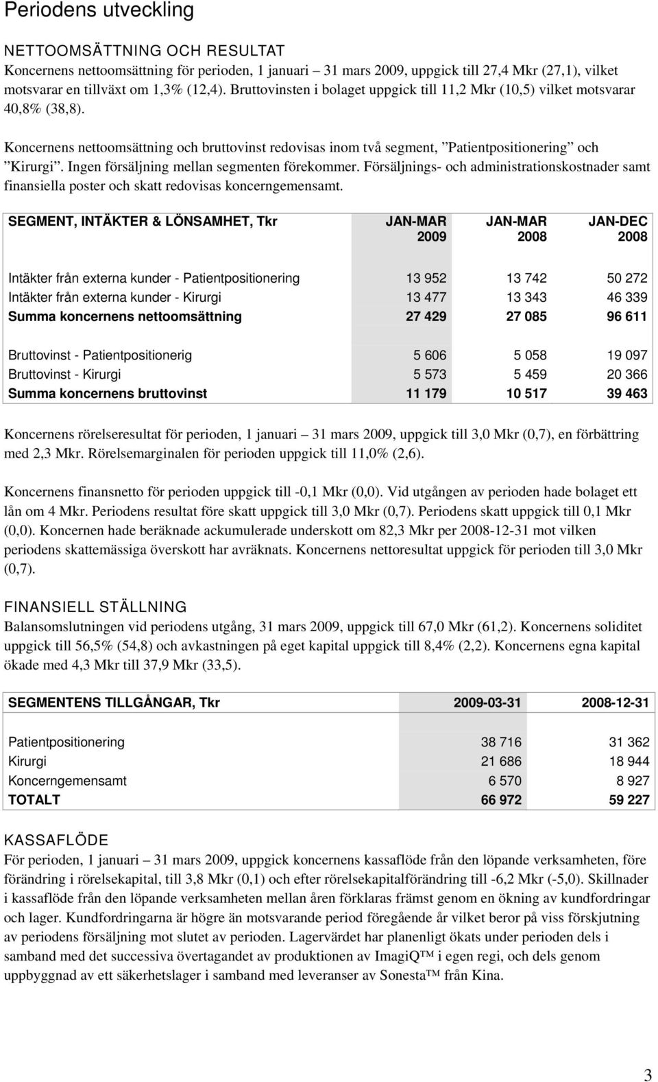 Ingen försäljning mellan segmenten förekommer. Försäljnings- och administrationskostnader samt finansiella poster och skatt redovisas koncerngemensamt.