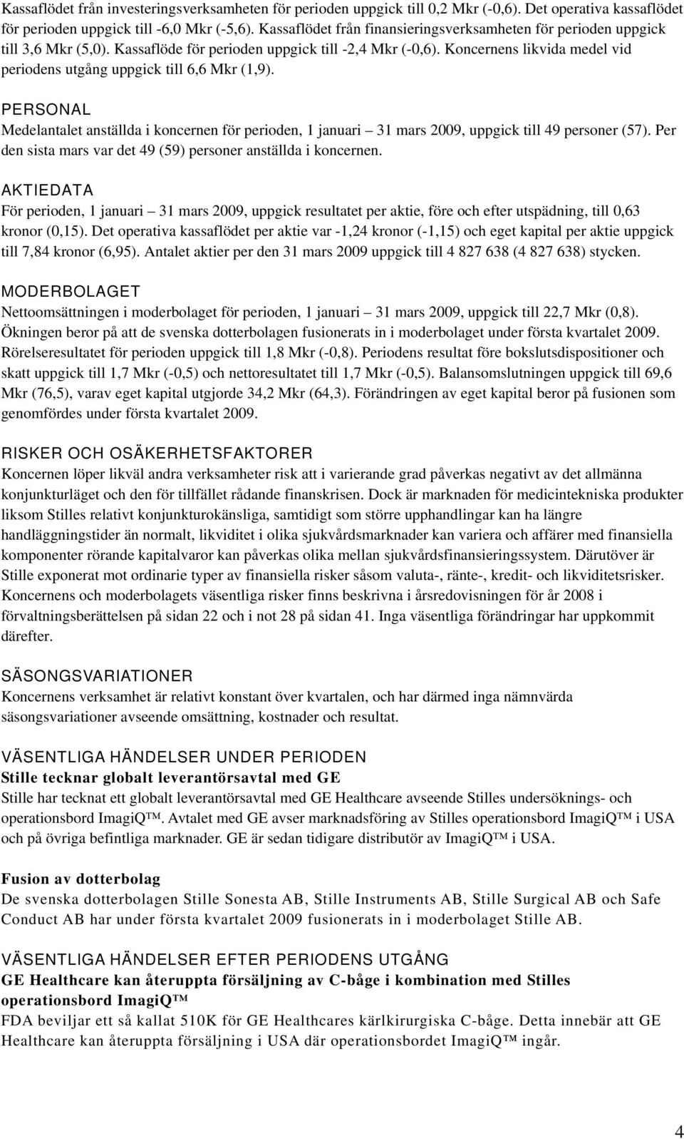 Koncernens likvida medel vid periodens utgång uppgick till 6,6 Mkr (1,9). PERSONAL Medelantalet anställda i koncernen för perioden, 1 januari 31 mars, uppgick till 49 personer (57).