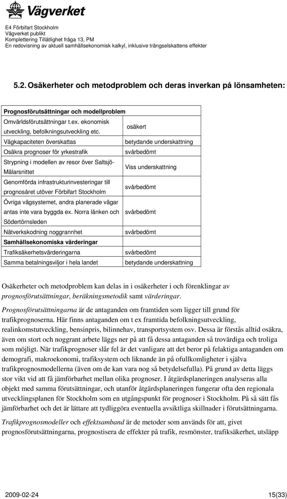 infrastrukturinvesteringar till prognosåret utöver Förbifart Stockholm svårbedömt Övriga vägsystemet, andra planerade vägar antas inte vara byggda ex.