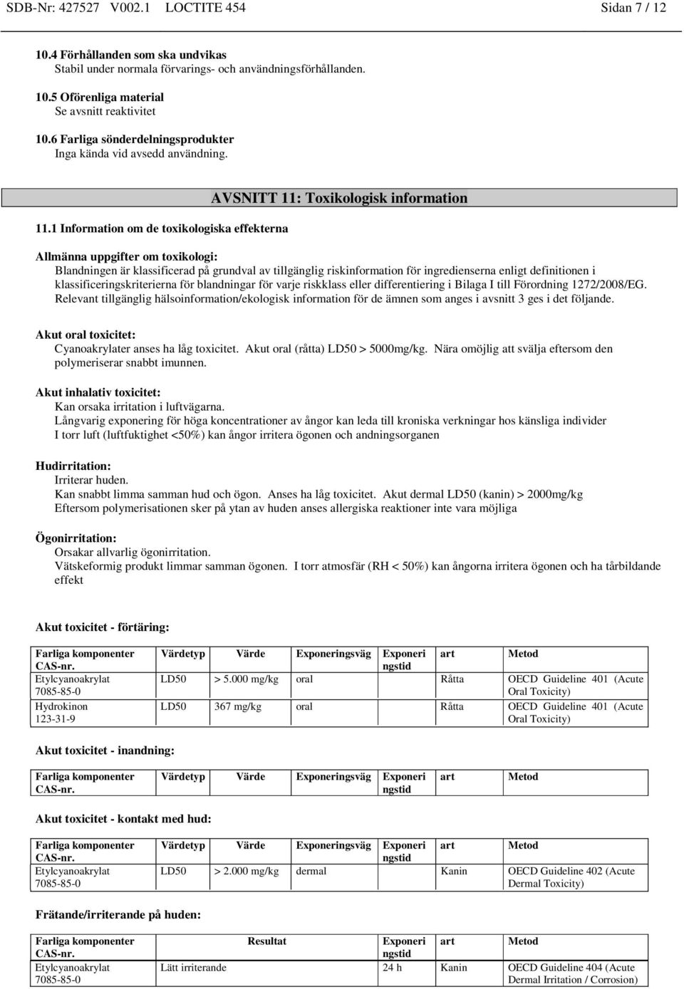 1 Information om de toxikologiska effekterna AVSNITT 11: Toxikologisk information Allmänna uppgifter om toxikologi: Blandningen är klassificerad på grundval av tillgänglig riskinformation för