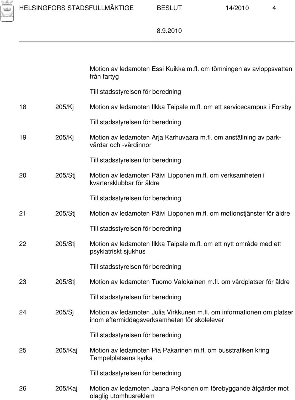 fl. om ett nytt område med ett psykiatriskt sjukhus 23 205/Stj Motion av ledamoten Tuomo Valokainen m.fl. om vårdplatser för äldre 24 205/Sj Motion av ledamoten Julia Virkkunen m.fl. om informationen om platser inom eftermiddagsverksamheten för skolelever 25 205/Kaj Motion av ledamoten Pia Pakarinen m.