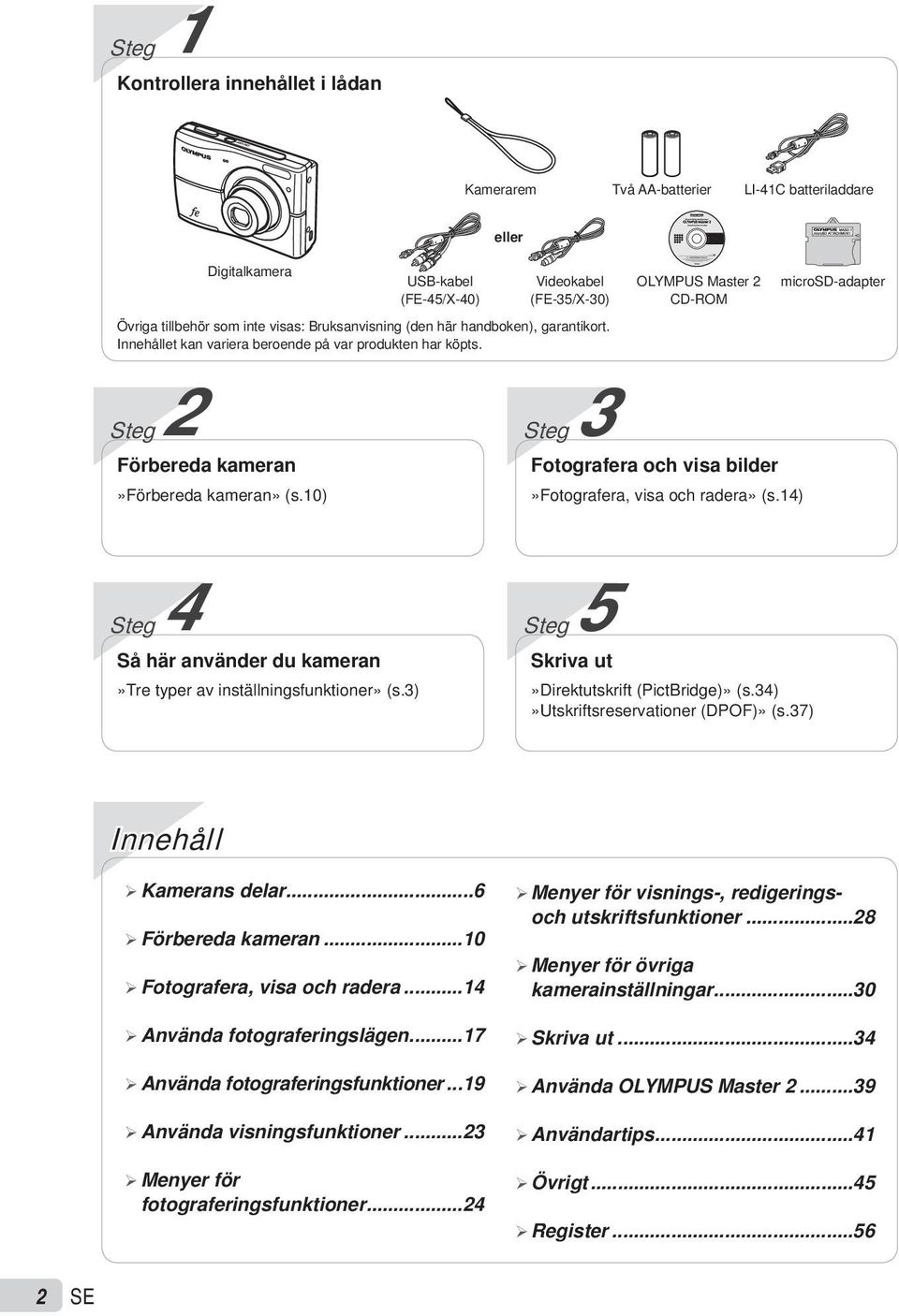 OLYMPUS Master 2 CD-ROM Steg 3 Fotografera och visa bilder»fotografera, visa och radera» (s.14) microsd-adapter Steg 4 Så här använder du kameran»tre typer av inställningsfunktioner» (s.