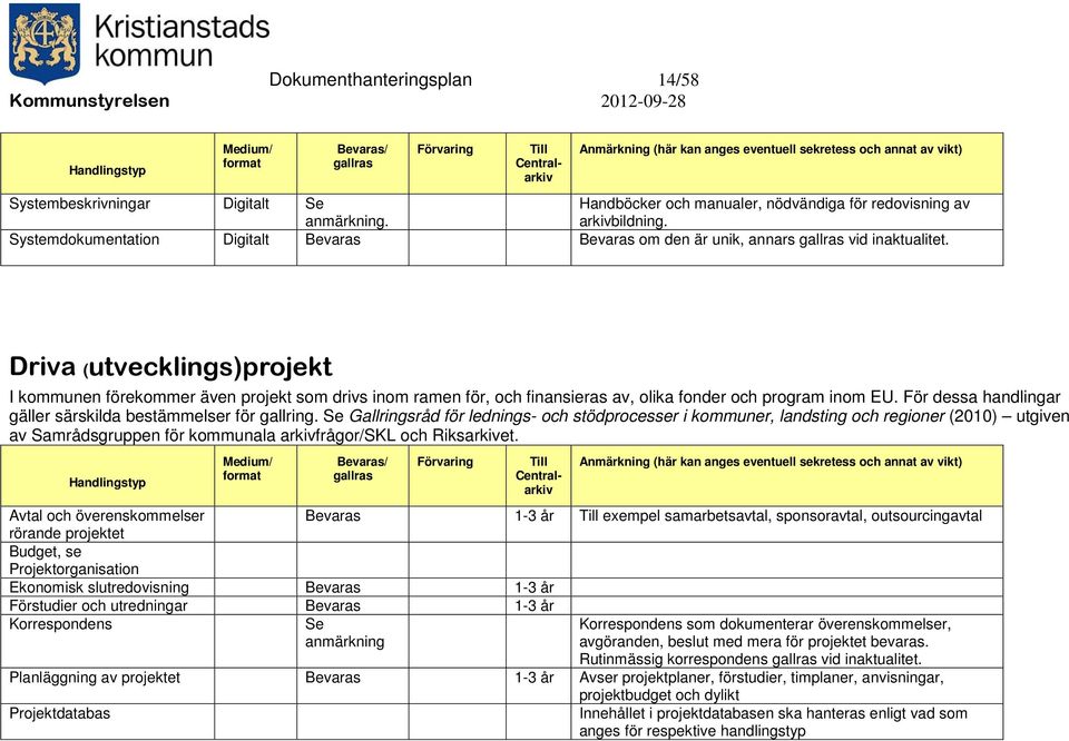 För dessa handlingar gäller särskilda bestämmelser för gallring.