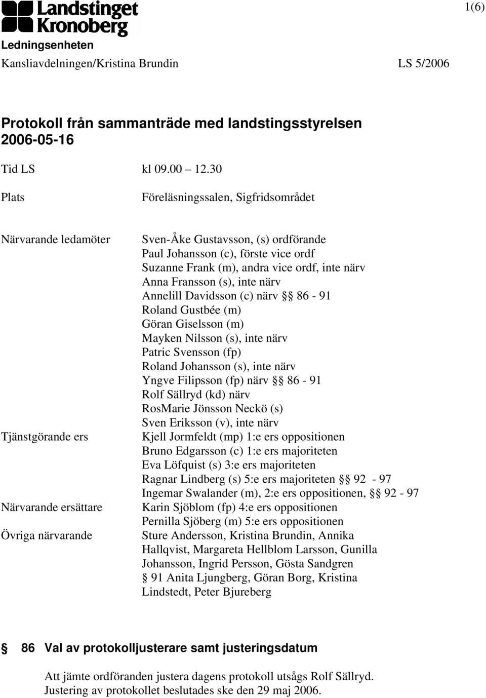 Suzanne Frank (m), andra vice ordf, inte närv Anna Fransson (s), inte närv Annelill Davidsson (c) närv 86-91 Roland Gustbée (m) Göran Giselsson (m) Mayken Nilsson (s), inte närv Patric Svensson (fp)