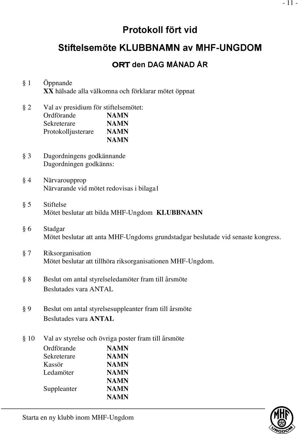 MHF-Ungdom KLUBBNAMN 6 Stadgar Mötet beslutar att anta MHF-Ungdoms grundstadgar beslutade vid senaste kongress. 7 Riksorganisation Mötet beslutar att tillhöra riksorganisationen MHF-Ungdom.