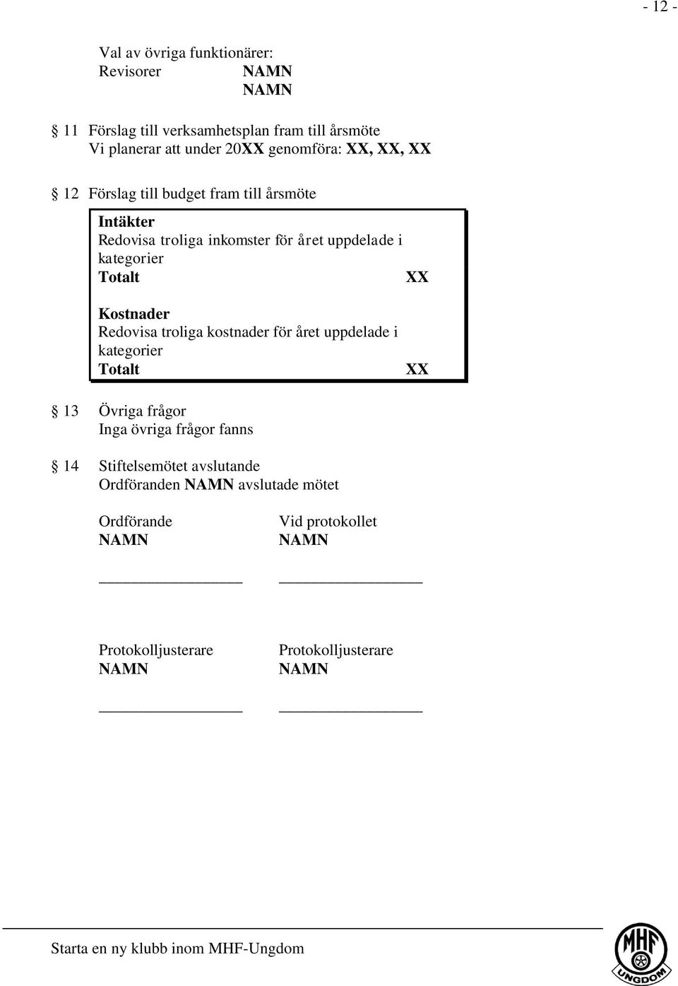 Totalt XX Kostnader Redovisa troliga kostnader för året uppdelade i kategorier Totalt 13 Övriga frågor Inga övriga frågor fanns 14