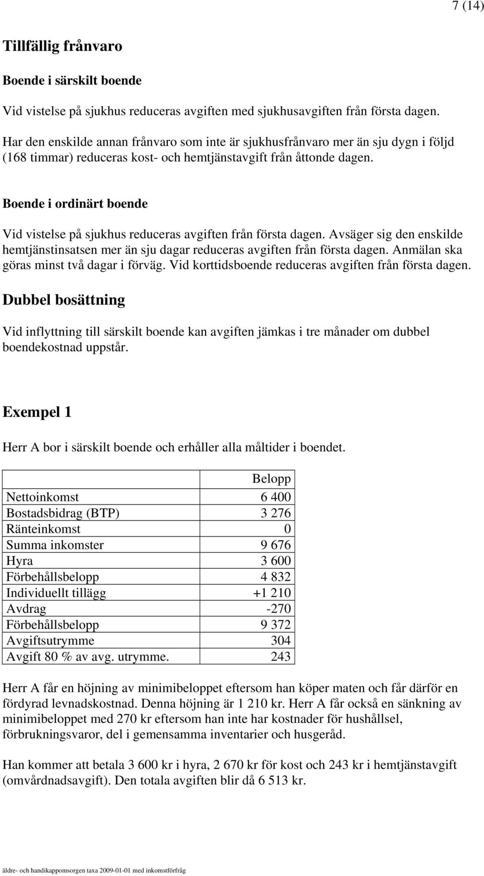 Boende i ordinärt boende Vid vistelse på sjukhus reduceras avgiften från första dagen. Avsäger sig den enskilde hemtjänstinsatsen mer än sju dagar reduceras avgiften från första dagen.
