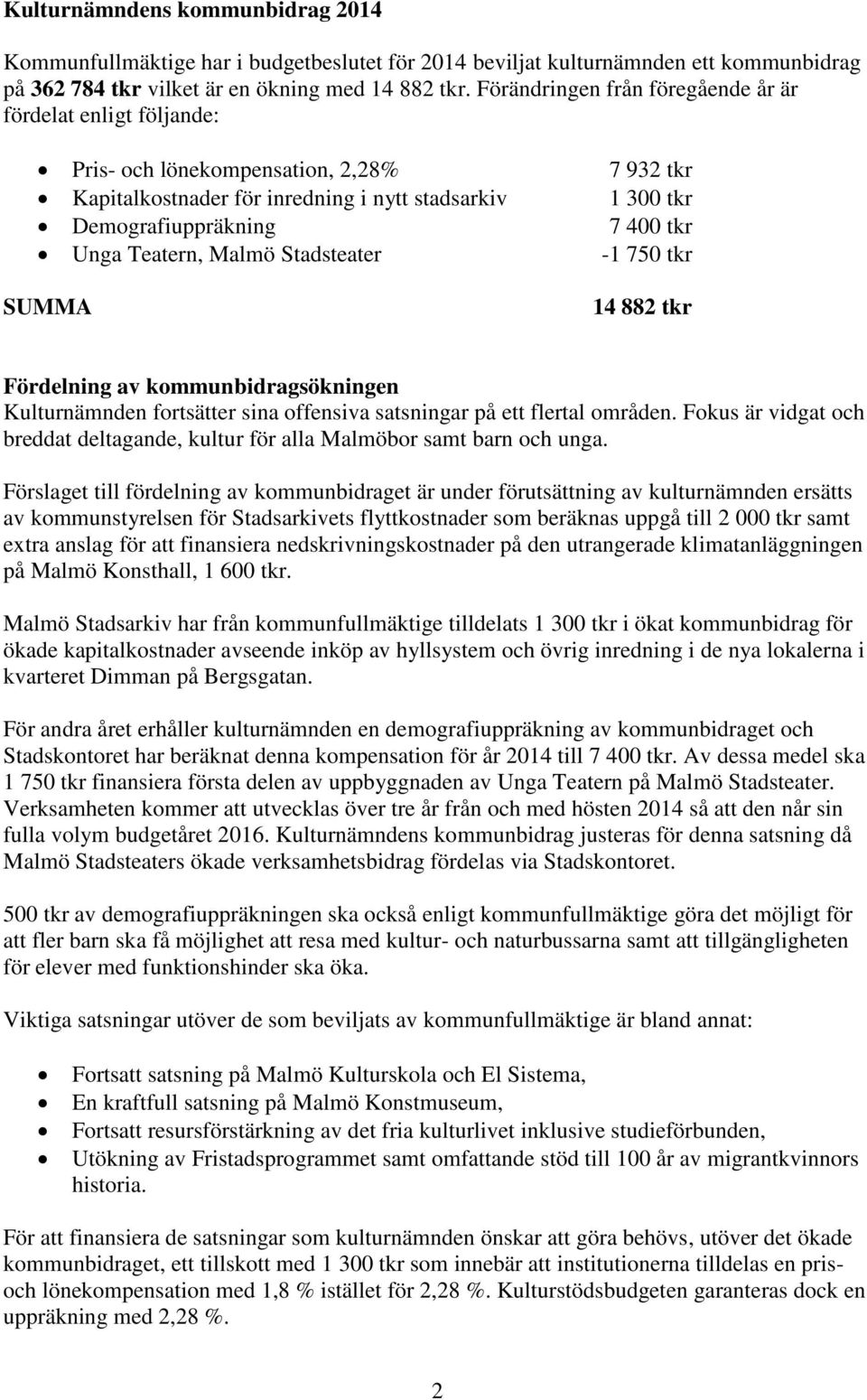 Teatern, Malmö Stadsteater -1 750 tkr SUMMA 14 882 tkr Fördelning av kommunbidragsökningen Kulturnämnden fortsätter sina offensiva satsningar på ett flertal områden.