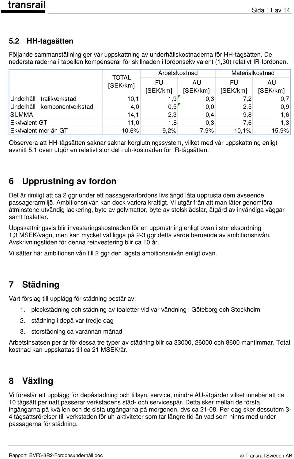 Arbetskostnad Materialkostnad TOTAL [SEK/km] FU AU FU AU [SEK/km] [SEK/km] [SEK/km] [SEK/km] Underhåll i trafikverkstad 10,1 1,9 0,3 7,2 0,7 Underhåll i komponentverkstad 4,0 0,5 0,0 2,5 0,9 SUMMA