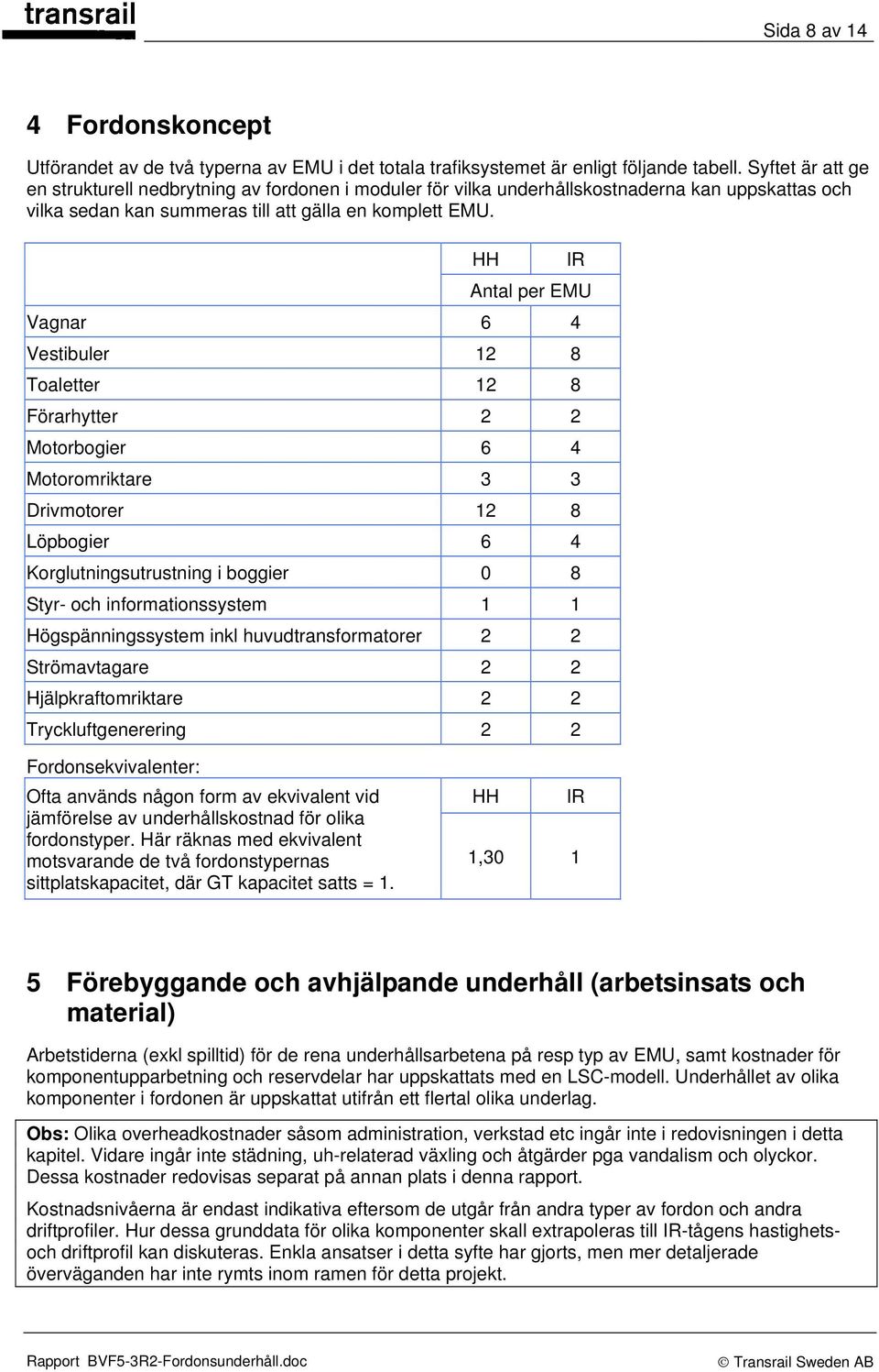 HH IR Antal per EMU Vagnar 6 4 Vestibuler 12 8 Toaletter 12 8 Förarhytter 2 2 Motorbogier 6 4 Motoromriktare 3 3 Drivmotorer 12 8 Löpbogier 6 4 Korglutningsutrustning i boggier 0 8 Styr- och