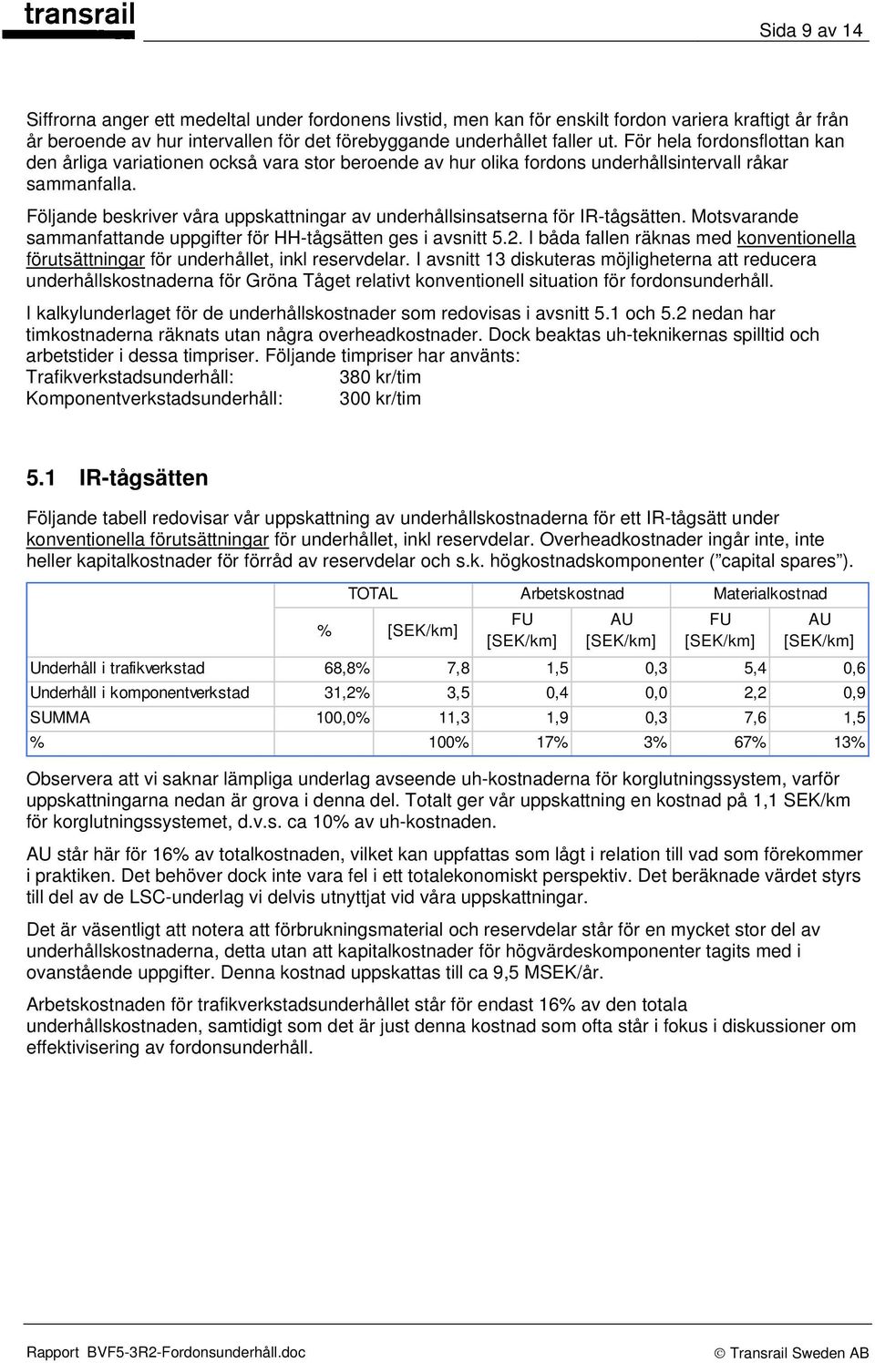 Följande beskriver våra uppskattningar av underhållsinsatserna för IR-tågsätten. Motsvarande sammanfattande uppgifter för HH-tågsätten ges i avsnitt 5.2.