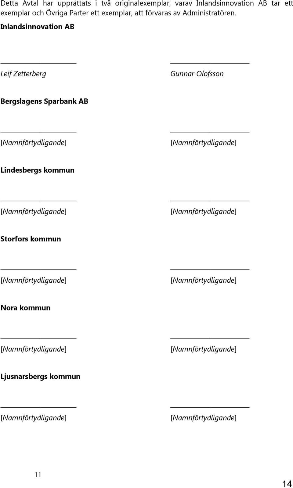 Inlandsinnovation AB Leif Zetterberg Gunnar Olofsson Bergslagens Sparbank AB [Namnförtydligande] [Namnförtydligande]